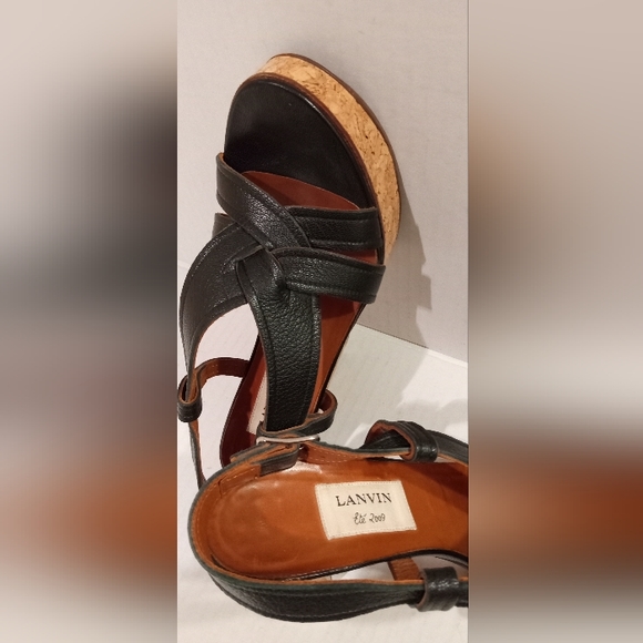 Lanvin Black Platform Sandals Strappy Slingback Leather w/Cork Heels Size 41/9.5 - Picture 8 of 10